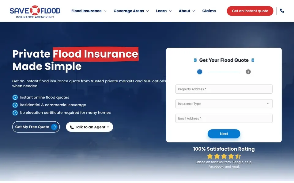 The home page of saveflood.com.